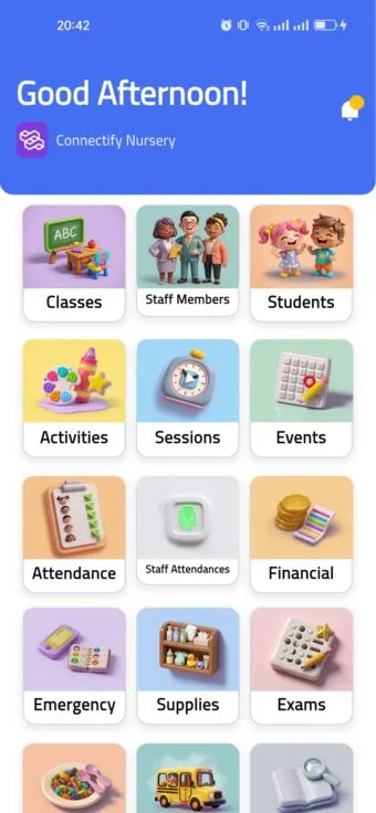 Connectify nursery management app home screen: classes, students, attendance, activities and financial